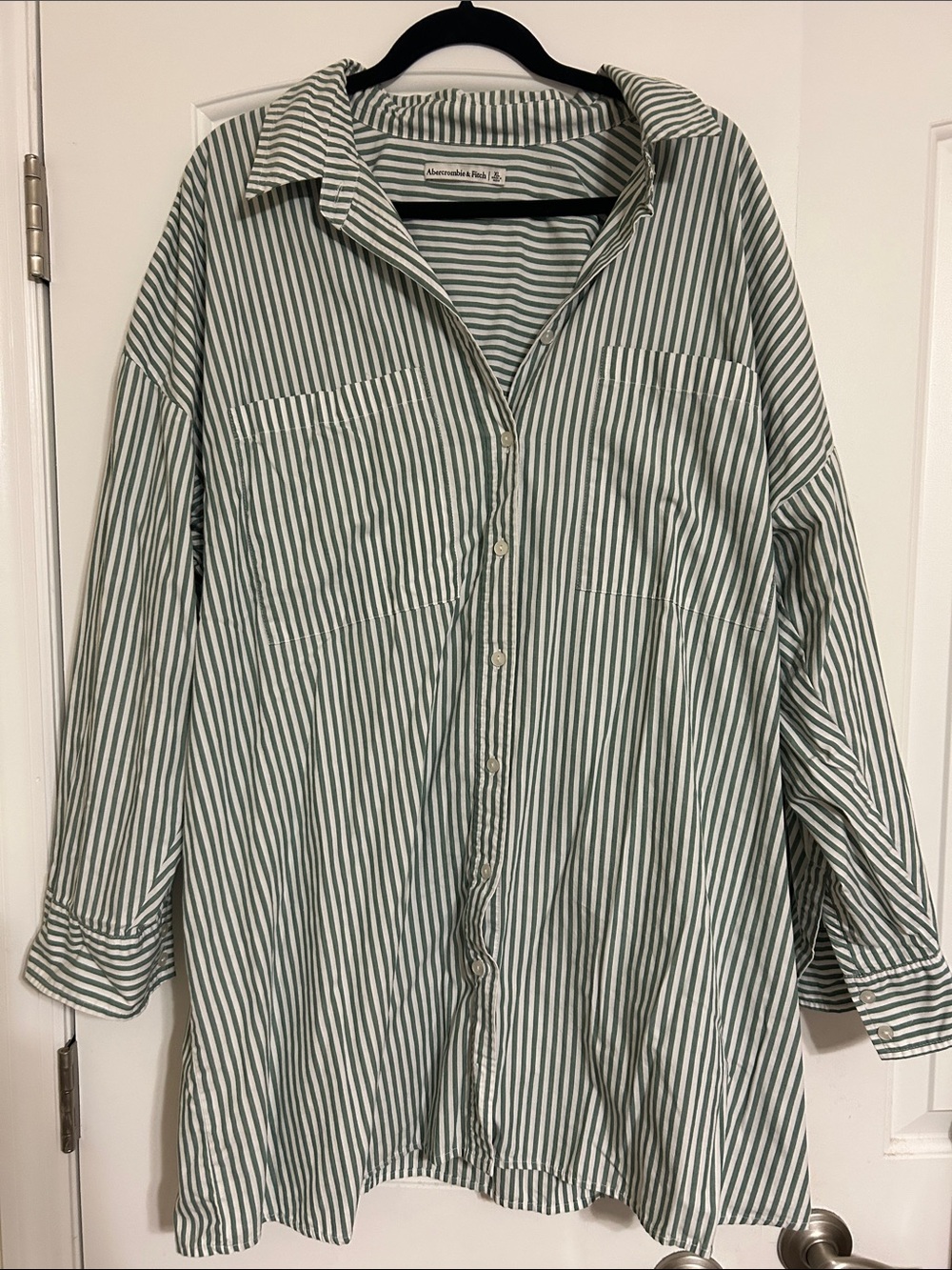 Abercrombie & Fitch Green and White Striped Button-Front Long Sleeve Dress